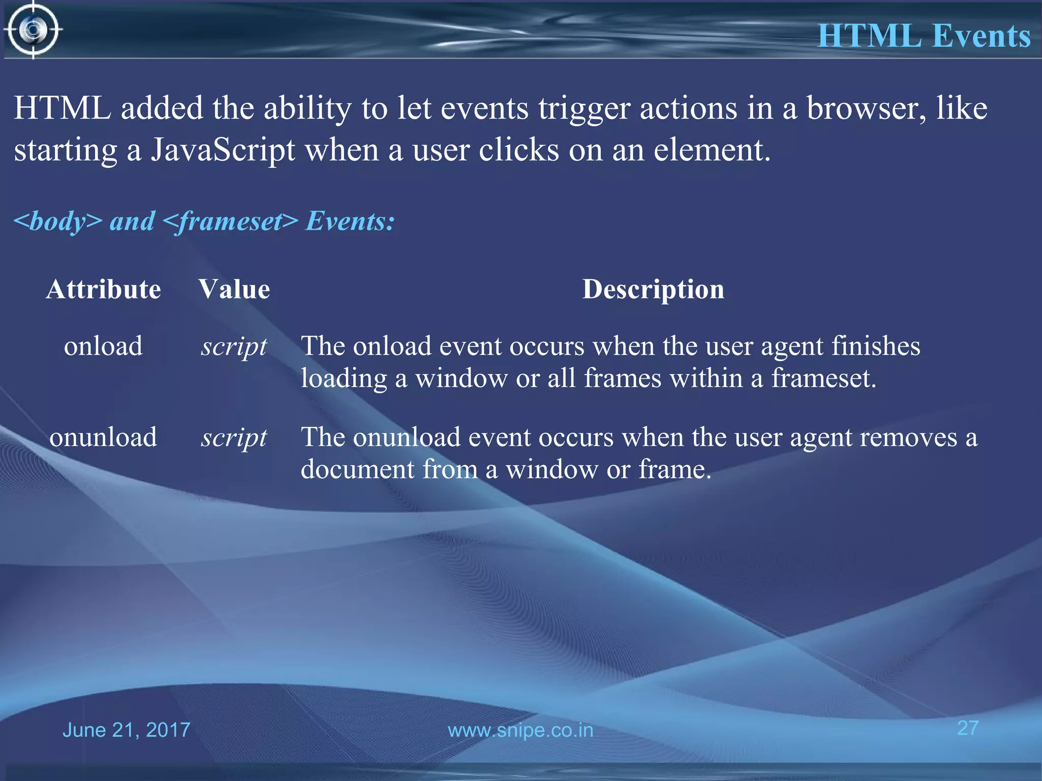 June 21, 2017 www.snipe.co.in 27
HTML Events
HTML added the ability to let events trigger actions in a browser, like
starting a JavaScript when a user clicks on an element.
<body> and <frameset> Events:
Attribute Value Description
onload script The onload event occurs when the user agent finishes
loading a window or all frames within a frameset.
onunload script The onunload event occurs when the user agent removes a
document from a window or frame.
 