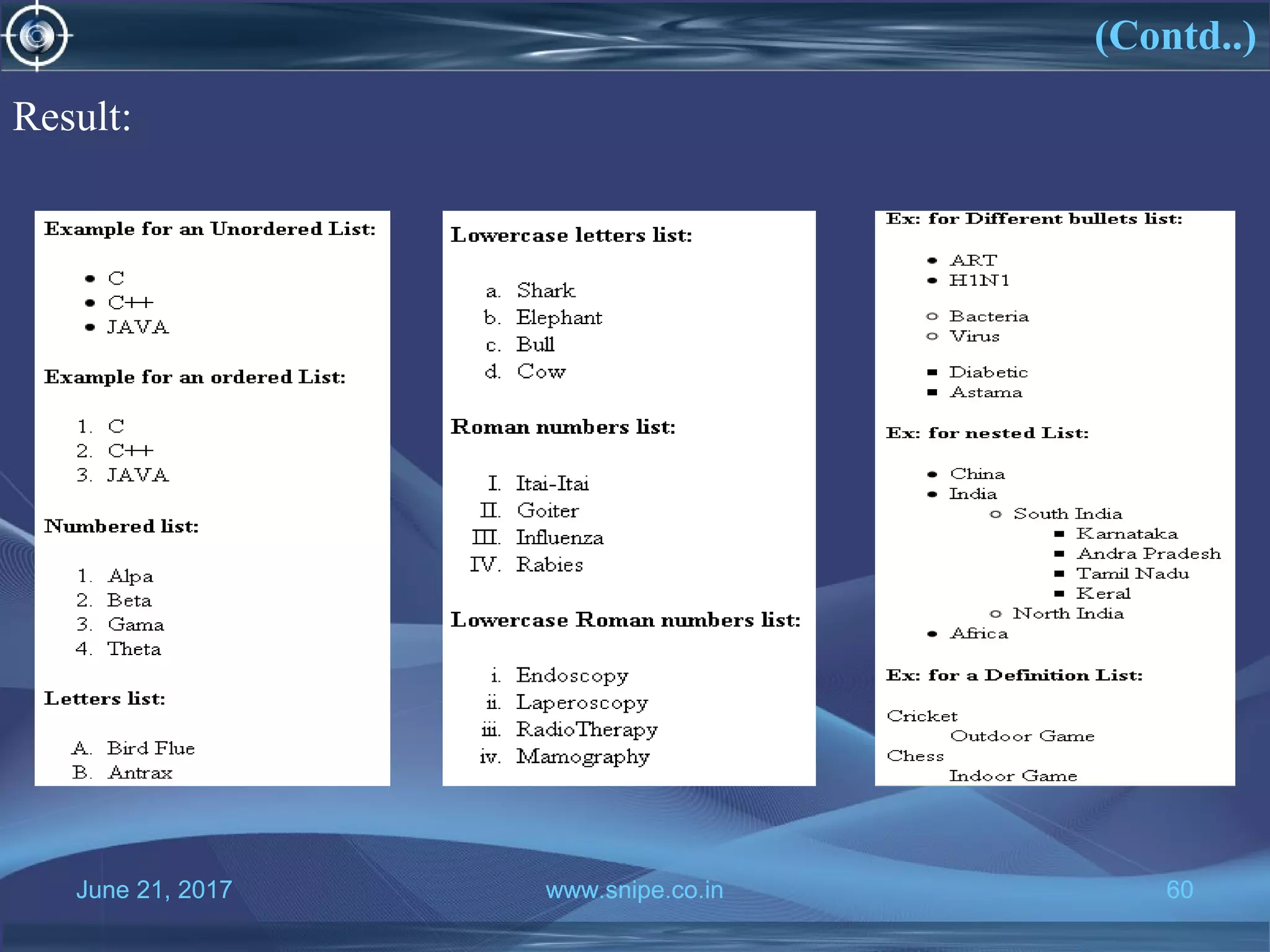 June 21, 2017 www.snipe.co.in 60
(Contd..)
June 21, 2017 www.snipe.co.in 60
Result:
 