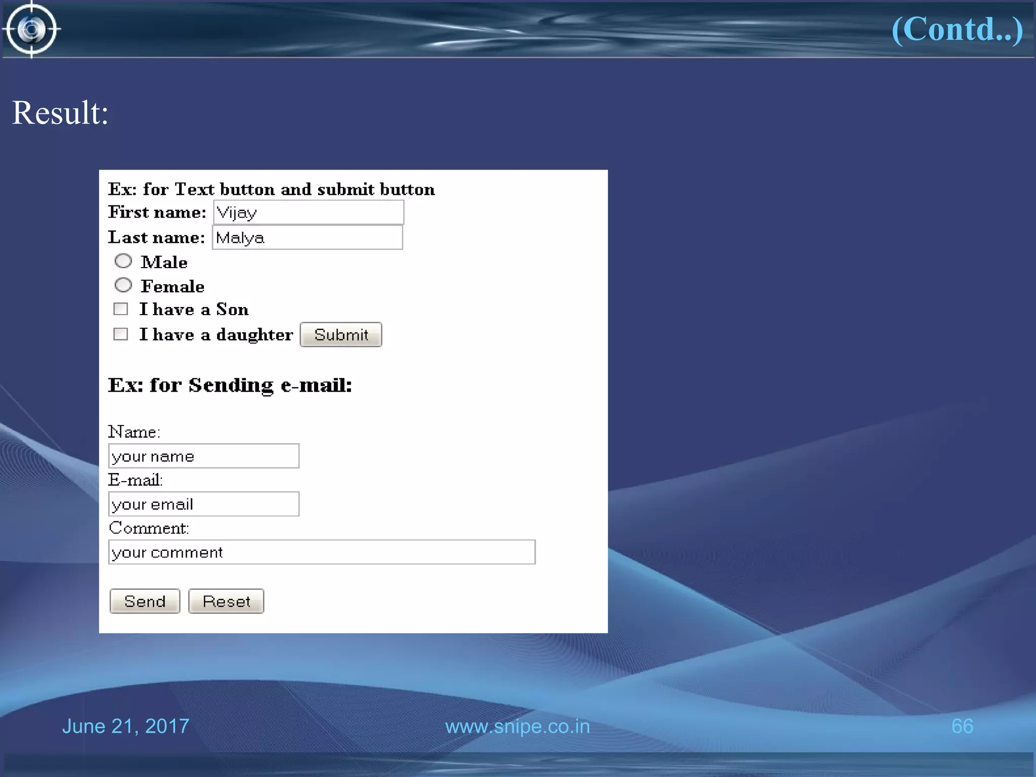 June 21, 2017 www.snipe.co.in 66
Result:
(Contd..)
 