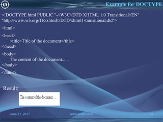 June 21, 2017 www.snipe.co.in 32
Example for DOCTYPE
<!DOCTYPE html PUBLIC "-//W3C//DTD XHTML 1.0 Transitional//EN"
"http://www.w3.org/TR/xhtml1/DTD/xhtml1-transitional.dtd">
<html>
<head>
<title>Title of the document</title>
</head>
<body>
The content of the document......
</body>
</html>
Result:
 