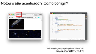 Notou o title acentuado!? Como corrigir?
Indica coding empregado pelo arquivo HTML
<meta charset=”UTF-8”>
 