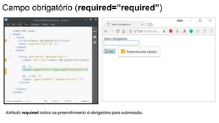 Campo obrigatório (required=”required”)
Atributo required indica se preenchimento é obrigatório para submissão.
 