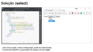 Seleção (select)
Uma única opção, nessa configuração, pode ser selecionada.
É possível predefinir a quantidade de opções visíveis (size)
 