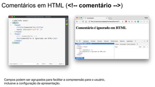 Comentários em HTML (<!-- comentário -->)
Campos podem ser agrupados para facilitar a compreensão para o usuário,
inclusive a configuração da apresentação.
 