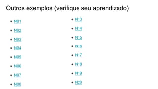 Outros exemplos (verifique seu aprendizado)
● N01
● N02
● N03
● N04
● N05
● N06
● N07
● N08
● N13
● N14
● N15
● N16
● N17
● N18
● N19
● N20
 