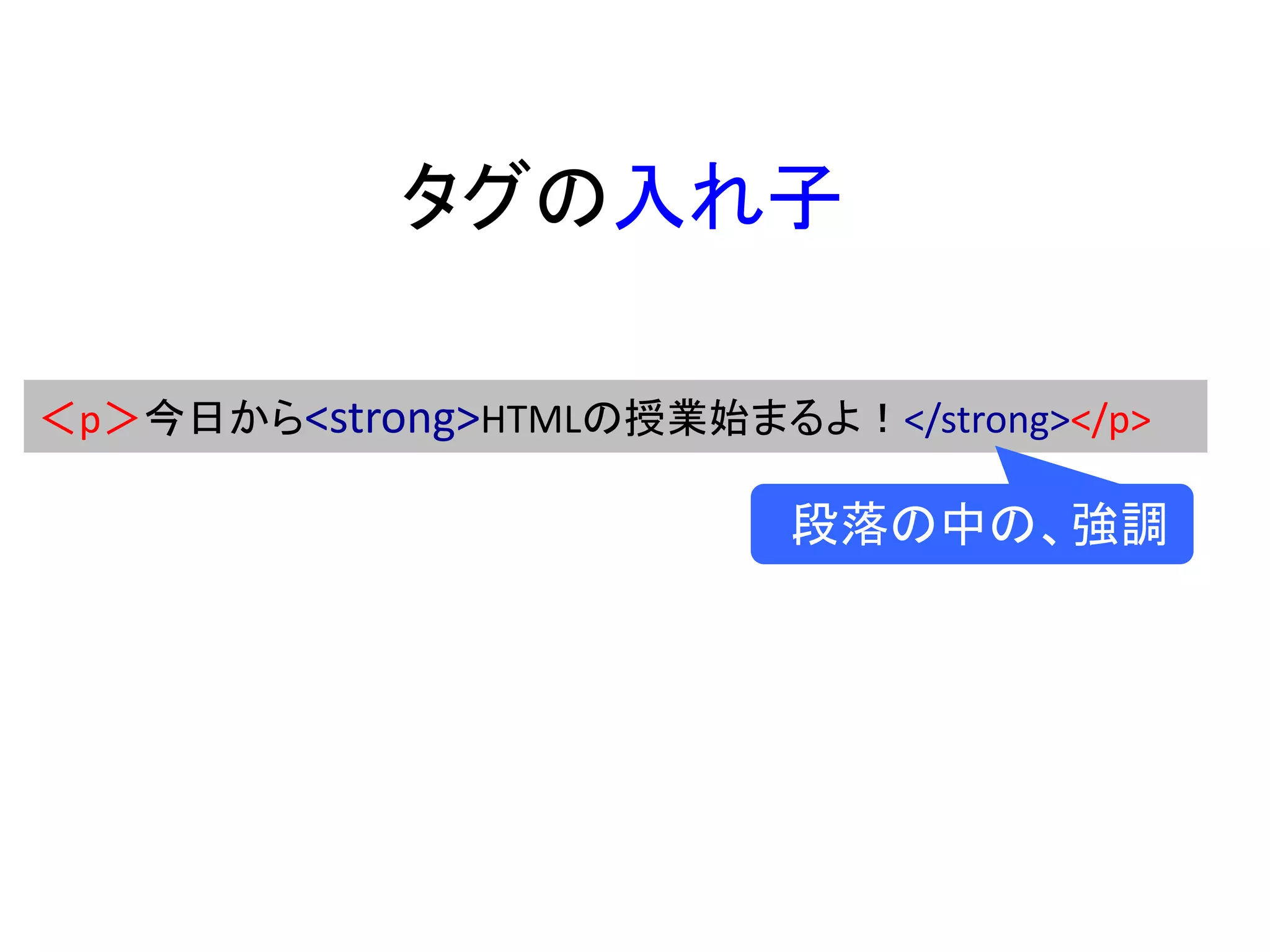 タグの入れ子
＜p＞今日から<strong>HTMLの授業始まるよ！</strong></p>
段落の中の、強調
 