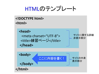 HTMLのテンプレート
<!DOCTYPE html>
<html>
<head>
<meta charset=“UTF-8”>
<title>練習ページ</title>
</head>
<body>
</body>
</html>
<head>
<meta charset=“UTF-8”>
<title>練習ページ</title>
</head>
<body>
</body>
ここに内容を書く！
サイトに関する詳細
非表示部分
サイトの中身
表示部分
 
