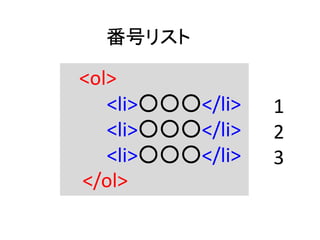 番号リスト
<ol>
<li>○○○</li>
<li>○○○</li>
<li>○○○</li>
</ol>
1
2
3
 