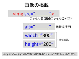 画像の掲載
<img src=“ ”>
ファイル名（画像ファイルのパス）
<img src=“cat.jpg” alt=“飼い猫の写真” widch=“250” height=“100”>
alt=“ ” 代替文字列
widch=“300”
height=“200”
単位はなし
 