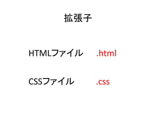 拡張子
HTMLファイル .html
CSSファイル .css
 