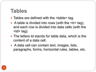 Tables
29
 Tables are defined with the <table> tag.
 A table is divided into rows (with the <tr> tag),
and each row is divided into data cells (with the
<td> tag).
 The letters td stands for table data, which is the
content of a data cell.
 A data cell can contain text, images, lists,
paragraphs, forms, horizontal rules, tables, etc.
 