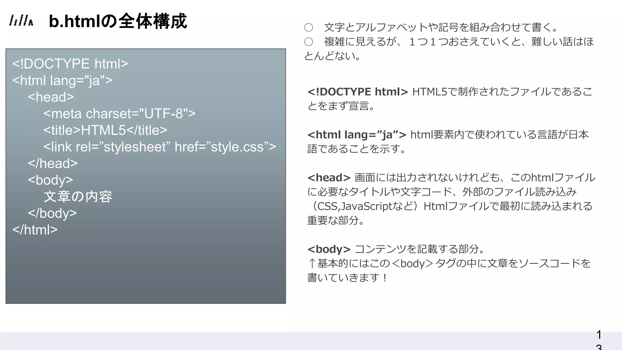 1
b.htmlの全体構成
<!DOCTYPE html> HTML5で制作されたファイルであるこ
とをまず宣言。
<html lang=”ja”> html要素内で使われている言語が日本
語であることを示す。
<head> 画面には出力されないけれども、このhtmlファイル
に必要なタイトルや文字コード、外部のファイル読み込み
（CSS,JavaScriptなど）Htmlファイルで最初に読み込まれる
重要な部分。
<body> コンテンツを記載する部分。
↑基本的にはこの＜body＞タグの中に文章をソースコードを
書いていきます！
○ 文字とアルファベットや記号を組み合わせて書く。
○ 複雑に見えるが、１つ１つおさえていくと、難しい話はほ
とんどない。
<!DOCTYPE html>
<html lang="ja">
<head>
<meta charset="UTF-8">
<title>HTML5</title>
<link rel=”stylesheet” href=”style.css”>
</head>
<body>
文章の内容
</body>
</html>
 