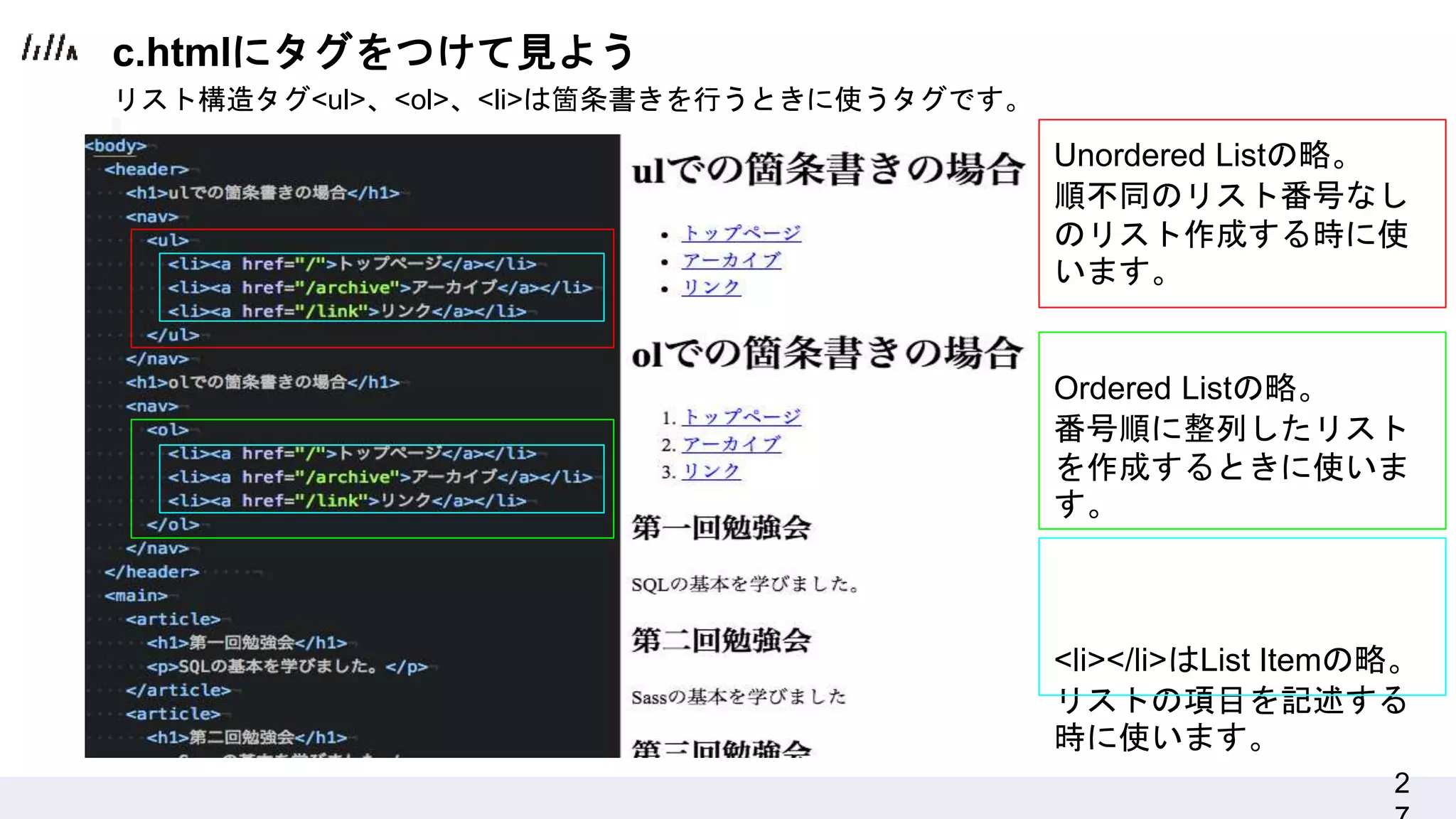 2
リスト構造タグ<ul>、<ol>、<li>は箇条書きを行うときに使うタグです。
Unordered Listの略。
順不同のリスト番号なし
のリスト作成する時に使
います。
Ordered Listの略。
番号順に整列したリスト
を作成するときに使いま
す。
<li></li>はList Itemの略。
リストの項目を記述する
時に使います。
c.htmlにタグをつけて見よう
 