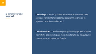 3. Structure d’une
page web
L’encodage : C'est lui qui détermine comment les caractères
spéciaux vont s'afficher (accents, idéogrammes chinois et
japonais, caractères arabes, etc.).
La balise <title> : C’est le titre principal de la page web. Celui-ci
ne s’affiche pas dans la page mais dans l’onglet du navigateur et
comme texte principale sur Google
34
 