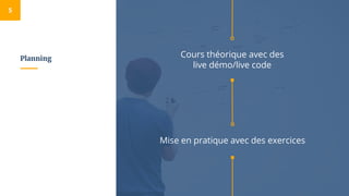 Planning
5
Cours théorique avec des
live démo/live code
Mise en pratique avec des exercices
 