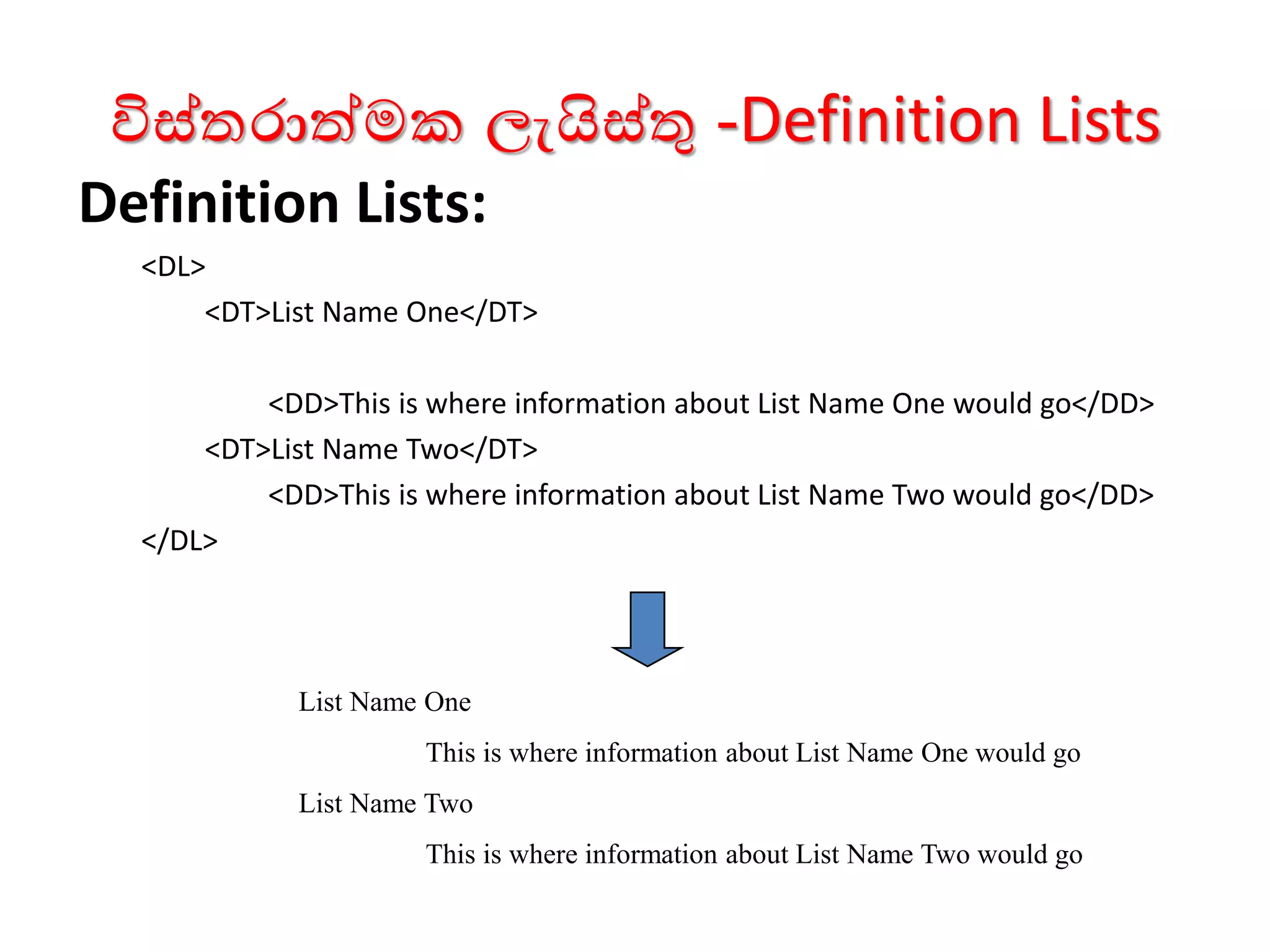 විස්තරාත්මක ලැයිස්තු -Definition Lists
Definition Lists:
<DL>
<DT>List Name One</DT>
<DD>This is where information about List Name One would go</DD>
<DT>List Name Two</DT>
<DD>This is where information about List Name Two would go</DD>
</DL>
List Name One
This is where information about List Name One would go
List Name Two
This is where information about List Name Two would go
 