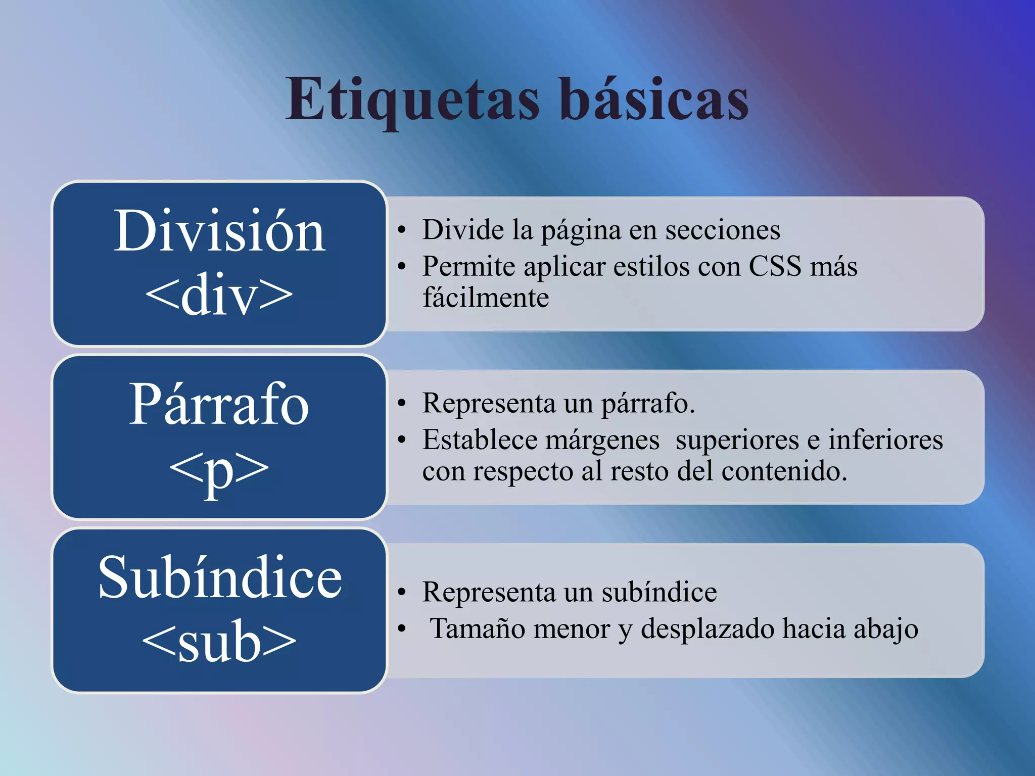 Etiquetas básicas
• Divide la página en secciones
• Permite aplicar estilos con CSS más
fácilmente
División
<div>
• Representa un párrafo.
• Establece márgenes superiores e inferiores
con respecto al resto del contenido.
Párrafo
<p>
• Representa un subíndice
• Tamaño menor y desplazado hacia abajo
Subíndice
<sub>
 