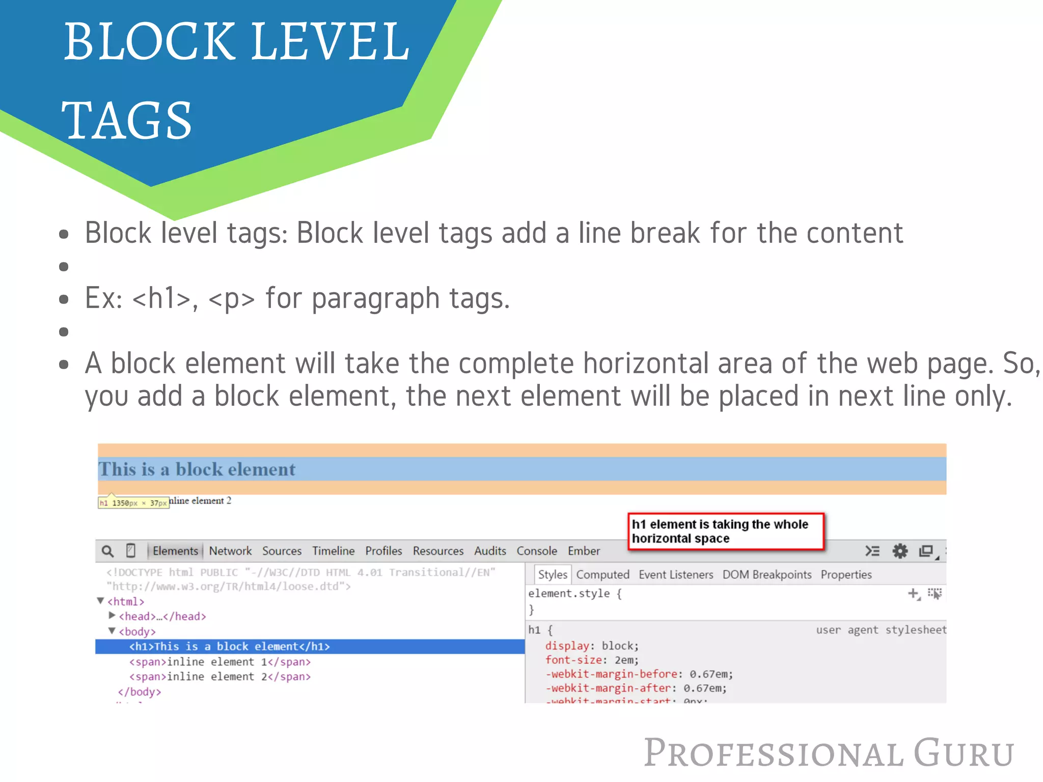 BLOCK LEVEL
TAGS
Professional Guru
Block level tags: Block level tags add a line break for the content
Ex: <h1>, <p> for paragraph tags.
A block element will take the complete horizontal area of the web page. So,
you add a block element, the next element will be placed in next line only.
 