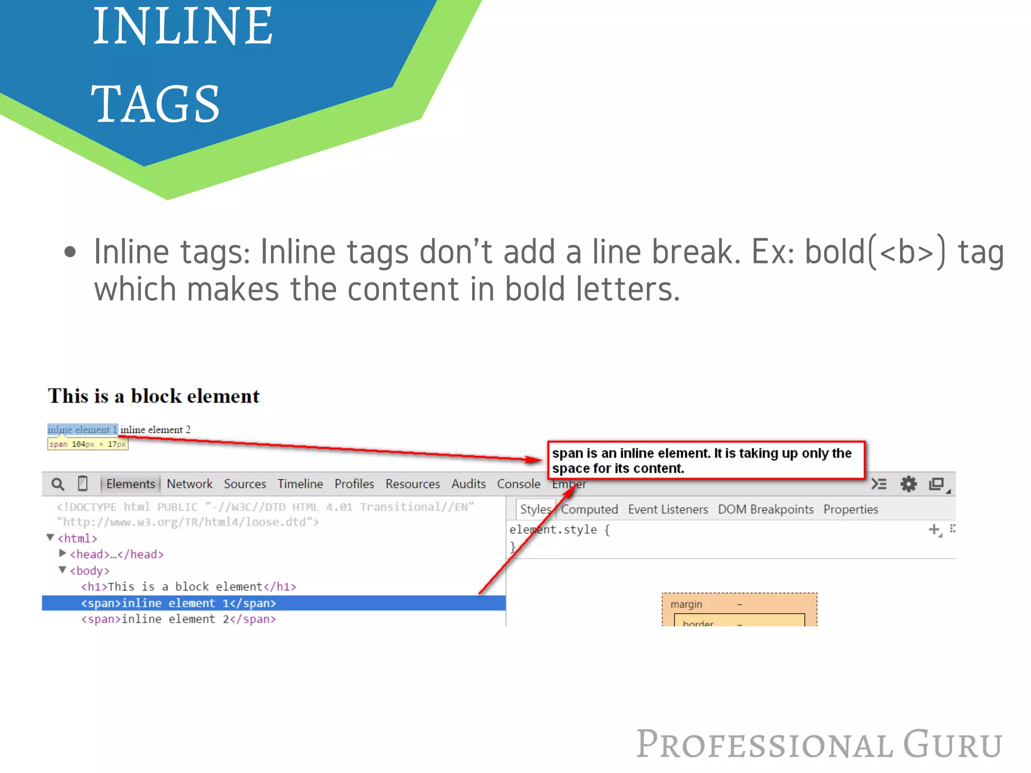 INLINE
TAGS
Professional Guru
Inline tags: Inline tags don't add a line break. Ex: bold(<b>) tag
which makes the content in bold letters.
 