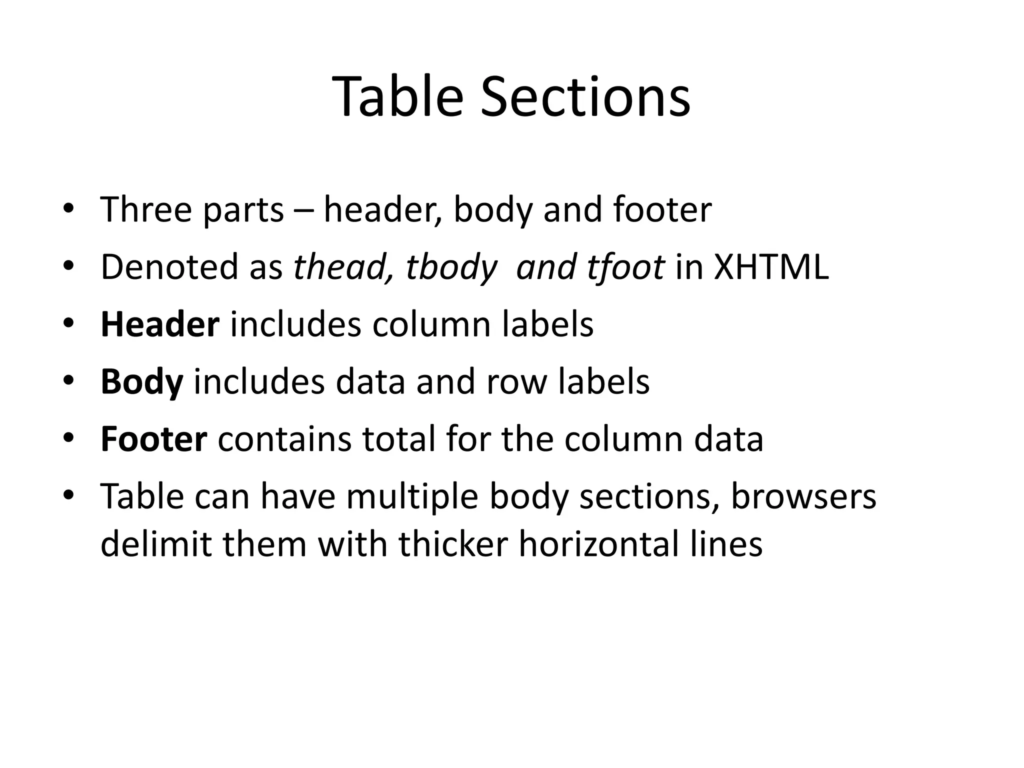 Table Sections
• Three parts – header, body and footer
• Denoted as thead, tbody and tfoot in XHTML
• Header includes column labels
• Body includes data and row labels
• Footer contains total for the column data
• Table can have multiple body sections, browsers
delimit them with thicker horizontal lines
 