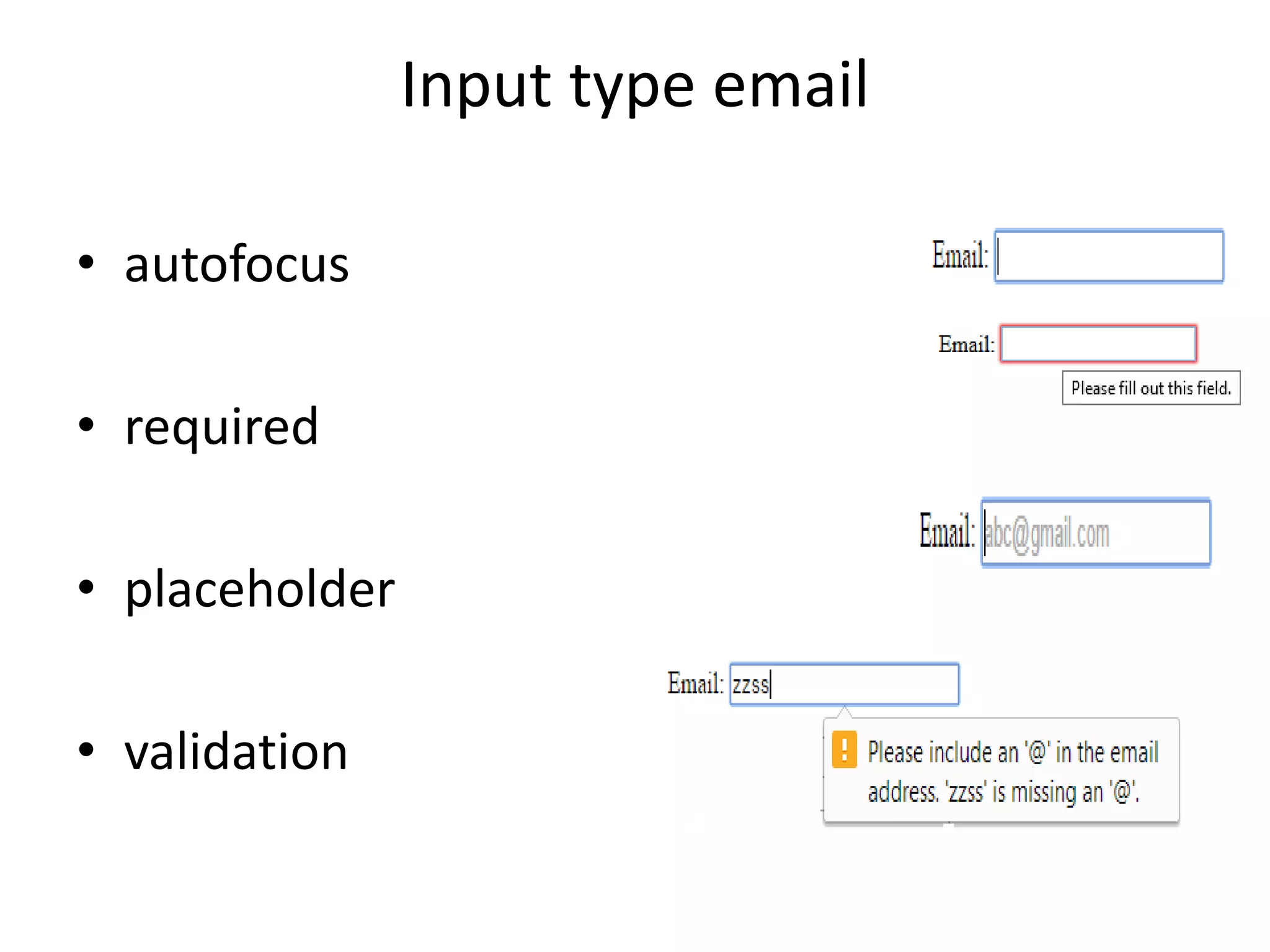 Input type email
• autofocus
• required
• placeholder
• validation
 