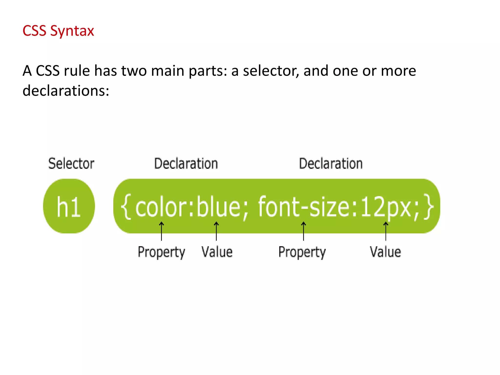 CSS Syntax
A CSS rule has two main parts: a selector, and one or more
declarations:
 