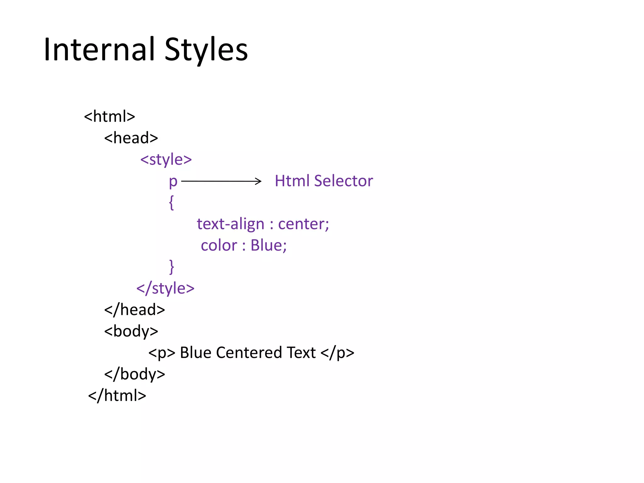 Internal Styles
<html>
<head>
<style>
p Html Selector
{
text-align : center;
color : Blue;
}
</style>
</head>
<body>
<p> Blue Centered Text </p>
</body>
</html>
 