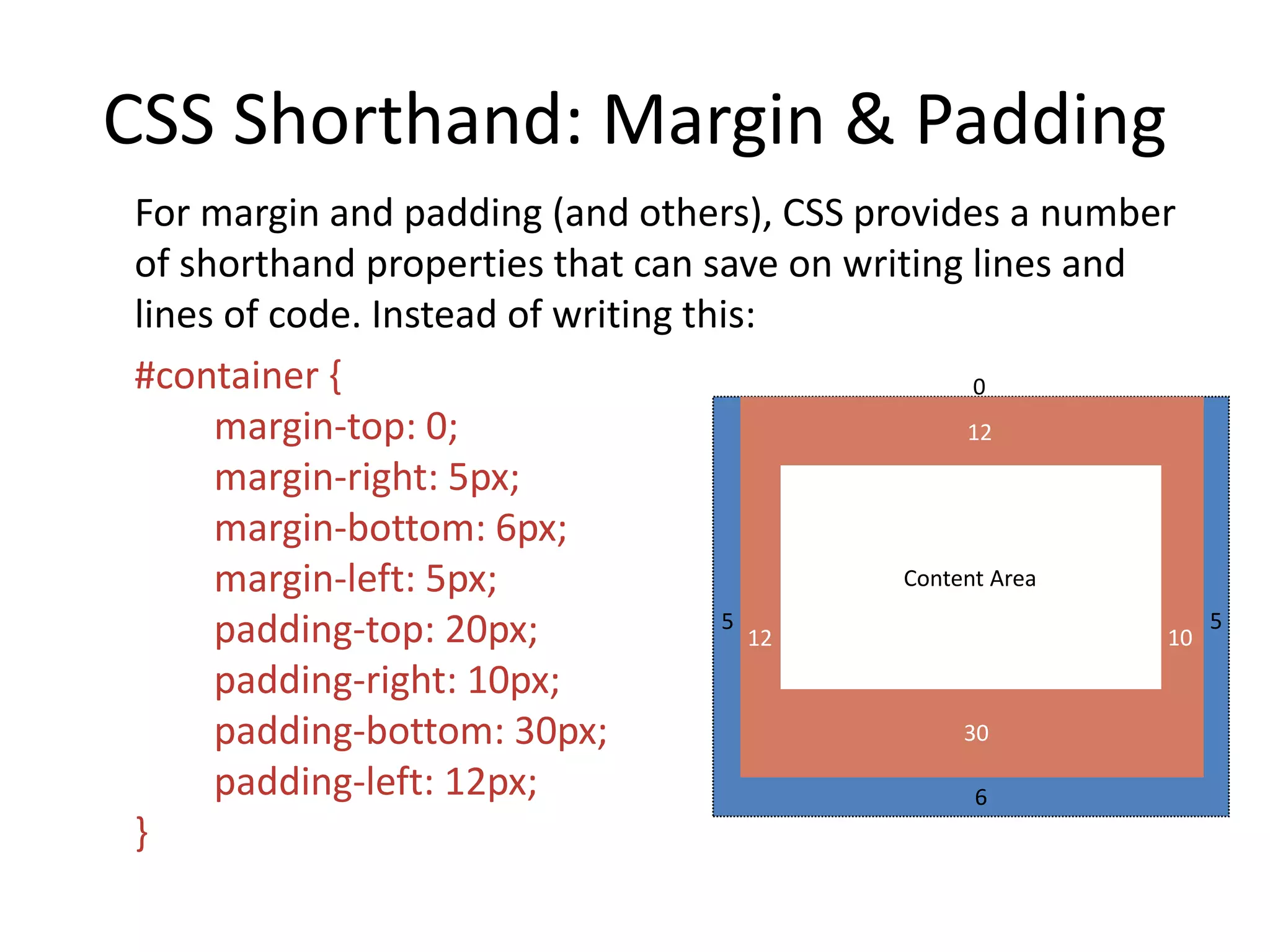 CSS Shorthand: Margin & Padding
For margin and padding (and others), CSS provides a number
of shorthand properties that can save on writing lines and
lines of code. Instead of writing this:
#container {
margin-top: 0;
margin-right: 5px;
margin-bottom: 6px;
margin-left: 5px;
padding-top: 20px;
padding-right: 10px;
padding-bottom: 30px;
padding-left: 12px;
}
Content Area
6
5 5
12 10
30
12
0
 