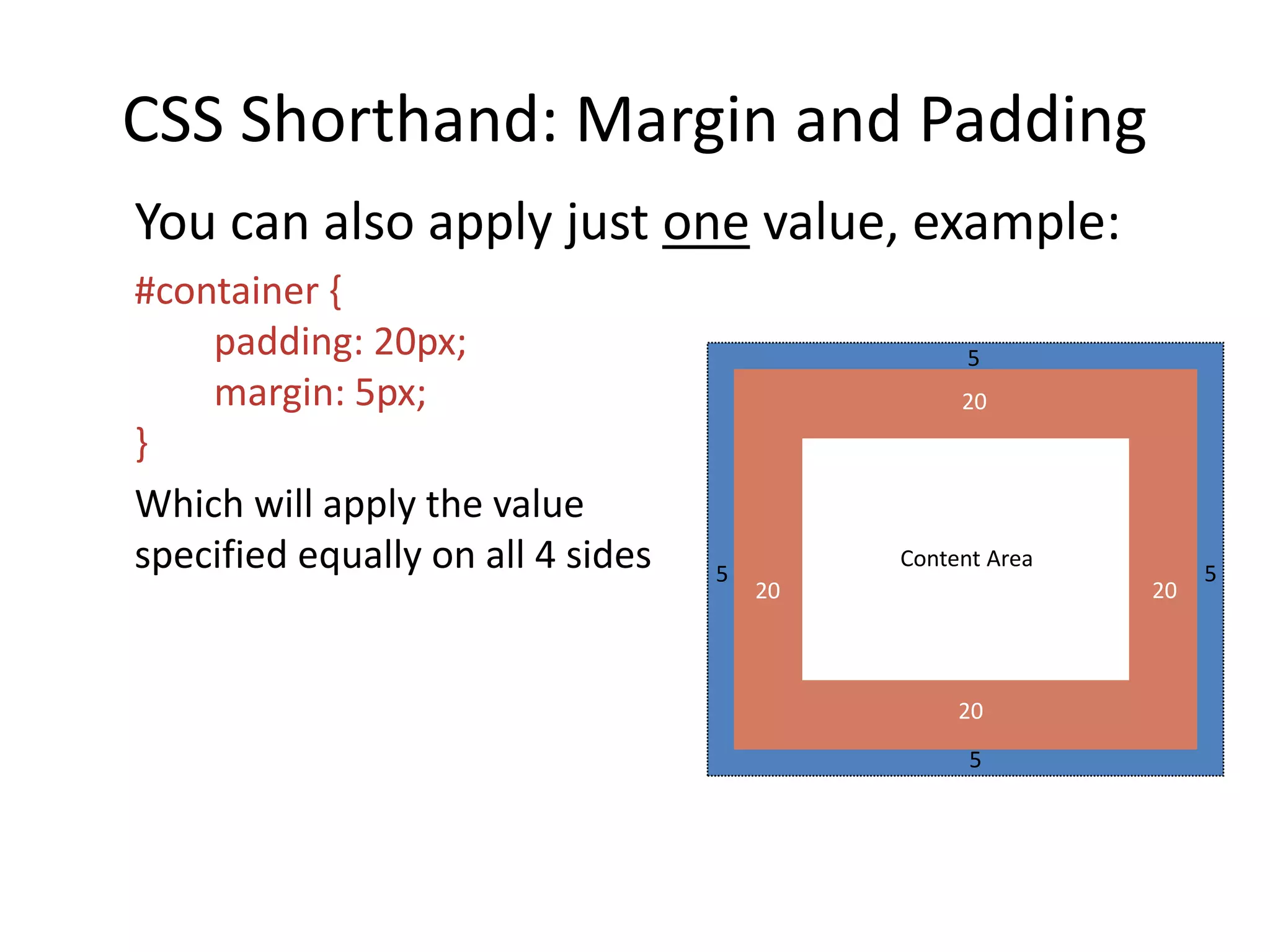CSS Shorthand: Margin and Padding
You can also apply just one value, example:
#container {
padding: 20px;
margin: 5px;
}
Which will apply the value
specified equally on all 4 sides Content Area
5
5 5
20 20
20
20
5
 
