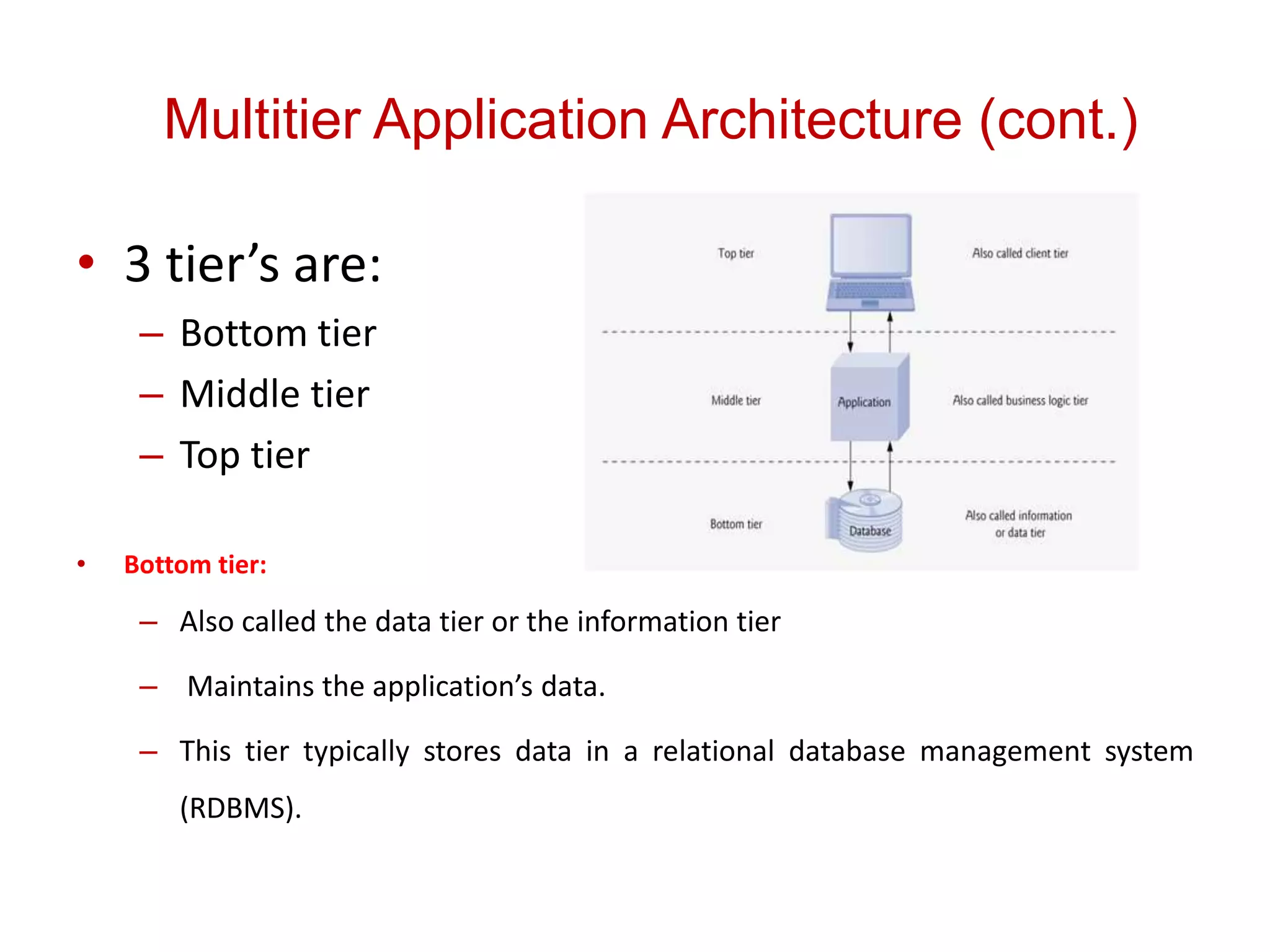 Multitier Application Architecture (cont.)
• 3 tier’s are:
– Bottom tier
– Middle tier
– Top tier
• Bottom tier:
– Also called the data tier or the information tier
– Maintains the application’s data.
– This tier typically stores data in a relational database management system
(RDBMS).
 