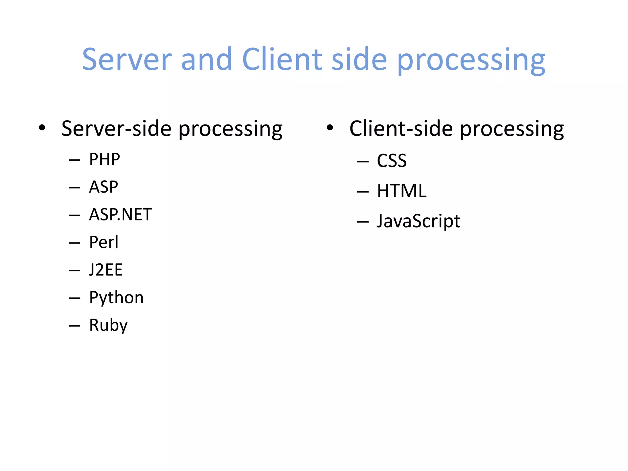 Server and Client side processing
• Server-side processing
– PHP
– ASP
– ASP.NET
– Perl
– J2EE
– Python
– Ruby
• Client-side processing
– CSS
– HTML
– JavaScript
 
