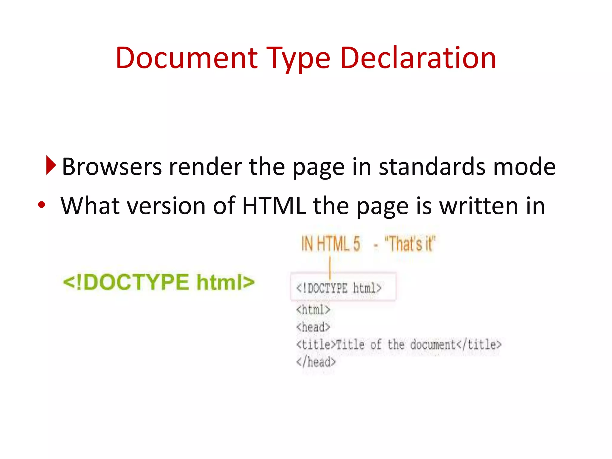 Browsers render the page in standards mode
• What version of HTML the page is written in
Document Type Declaration
 