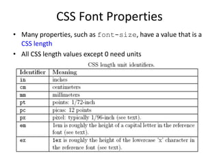 CSS Font Properties
• Many properties, such as font-size, have a value that is a
CSS length
• All CSS length values except 0 need units
 