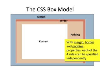 The CSS Box Model
Content
Padding
Border
Margin
With margin, border
and padding
properties, each of the
4 sides can be specified
independently
 