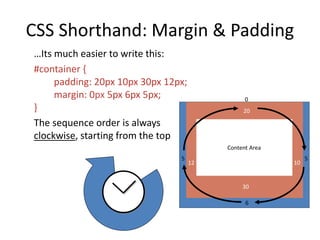 CSS Shorthand: Margin & Padding
…Its much easier to write this:
#container {
padding: 20px 10px 30px 12px;
margin: 0px 5px 6px 5px;
}
The sequence order is always
clockwise, starting from the top
Content Area
6
5 5
12 10
30
20
0
 