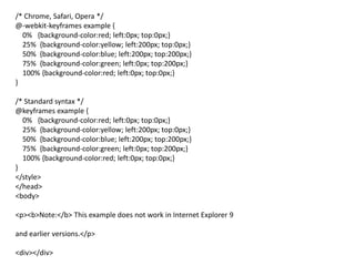 /* Chrome, Safari, Opera */
@-webkit-keyframes example {
0% {background-color:red; left:0px; top:0px;}
25% {background-color:yellow; left:200px; top:0px;}
50% {background-color:blue; left:200px; top:200px;}
75% {background-color:green; left:0px; top:200px;}
100% {background-color:red; left:0px; top:0px;}
}
/* Standard syntax */
@keyframes example {
0% {background-color:red; left:0px; top:0px;}
25% {background-color:yellow; left:200px; top:0px;}
50% {background-color:blue; left:200px; top:200px;}
75% {background-color:green; left:0px; top:200px;}
100% {background-color:red; left:0px; top:0px;}
}
</style>
</head>
<body>
<p><b>Note:</b> This example does not work in Internet Explorer 9
and earlier versions.</p>
<div></div>
 