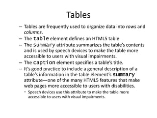 – Tables are frequently used to organize data into rows and
columns.
– The table element defines an HTML5 table
– The summary attribute summarizes the table’s contents
and is used by speech devices to make the table more
accessible to users with visual impairments.
– The caption element specifies a table’s title.
– It’s good practice to include a general description of a
table’s information in the table element’s summary
attribute—one of the many HTML5 features that make
web pages more accessible to users with disabilities.
 Speech devices use this attribute to make the table more
accessible to users with visual impairments.
Tables
 