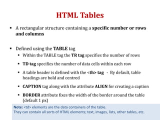 HTML Tables
 A rectangular structure containing a specific number or rows
and columns
 Defined using the TABLE tag
 Within the TABLE tag the TR tag specifies the number of rows
 TD tag specifies the number of data cells within each row
 A table header is defined with the <th> tag - By default, table
headings are bold and centred
 CAPTION tag along with the attribute ALIGN for creating a caption
 BORDER attribute fixes the width of the border around the table
(default 1 px)
Note: <td> elements are the data containers of the table.
They can contain all sorts of HTML elements; text, images, lists, other tables, etc.
 
