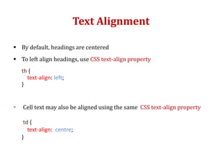 Text Alignment
 By default, headings are centered
 To left align headings, use CSS text-align property
th {
text-align: left;
}
 Cell text may also be aligned using the same CSS text-align property
td {
text-align: centre;
}
 