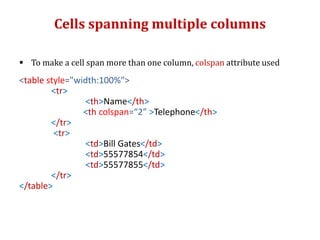 Cells spanning multiple columns
 To make a cell span more than one column, colspan attribute used
<table style="width:100%">
<tr>
<th>Name</th>
<th colspan=“2” >Telephone</th>
</tr>
<tr>
<td>Bill Gates</td>
<td>55577854</td>
<td>55577855</td>
</tr>
</table>
 