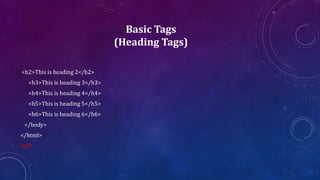 Basic Tags
(Heading Tags)
<h2>This is heading 2</h2>
<h3>This is heading 3</h3>
<h4>This is heading 4</h4>
<h5>This is heading 5</h5>
<h6>This is heading 6</h6>
</body>
</html>
O/P:
 