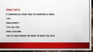 tables in html and there tags .... | PPT