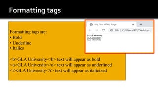 Formatting tags are:
• Bold
• Underline
• Italics
<b>GLA University</b> text will appear as bold
<u>GLA University</u> text will appear as underlined
<i>GLA University</i> text will appear as italicized
 