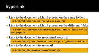  Link to the document a1.html present on the same folder:
 Link to the document a1.html present on the different folder:
 Link to the document to an external website:
 Link to the document to an email:
<a href=“a1.html">click for a1 web page</a>
<a href=“/C:/Users/PC/Desktop/capture/a1.html”> click for a1
web page</a>
<a href="http://www.facebook.com" target= "_blank">click</a>
<a href="mailto:abc@gmail.com”>Email</a>
 
