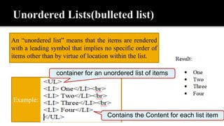 An “unordered list” means that the items are rendered
with a leading symbol that implies no specific order of
items other than by virtue of location within the list.
Example:
container for an unordered list of items
Contains the Content for each list item
 