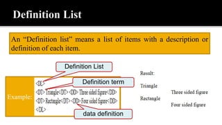 An “Definition list” means a list of items with a description or
definition of each item.
Example:
Definition List
Definition term
data definition
 
