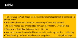 Table is used in Web pages for the systematic arrangement of information in
tabular format.
It is a two dimensional matrixes, consisting of rows and columns.
All table related tags are included between the <table>….</table> tag
Each row is described between <tr>…</tr> tag
And each column is described between <td>..</td> tag or <th>… </th> tag
Table heading can be written between <caption> ………</caption> tags.
 