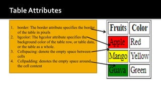 1. border: The border attribute specifies the border
of the table in pixels
2. bgcolor: The bgcolor attribute specifies the
background color of the table row, or table data,
or the table as a whole.
3. Cellspacing: denote the empty space between
cells
4. Cellpadding: denotes the empty space around
the cell content
 