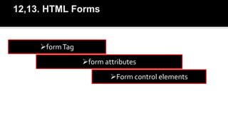 formTag
form attributes
Form control elements
 