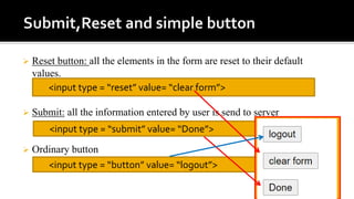  Reset button: all the elements in the form are reset to their default
values.
 Submit: all the information entered by user is send to server
 Ordinary button
<input type = “reset” value= “clear form”>
<input type = “submit” value= “Done”>
<input type = “button” value= “logout”>
 
